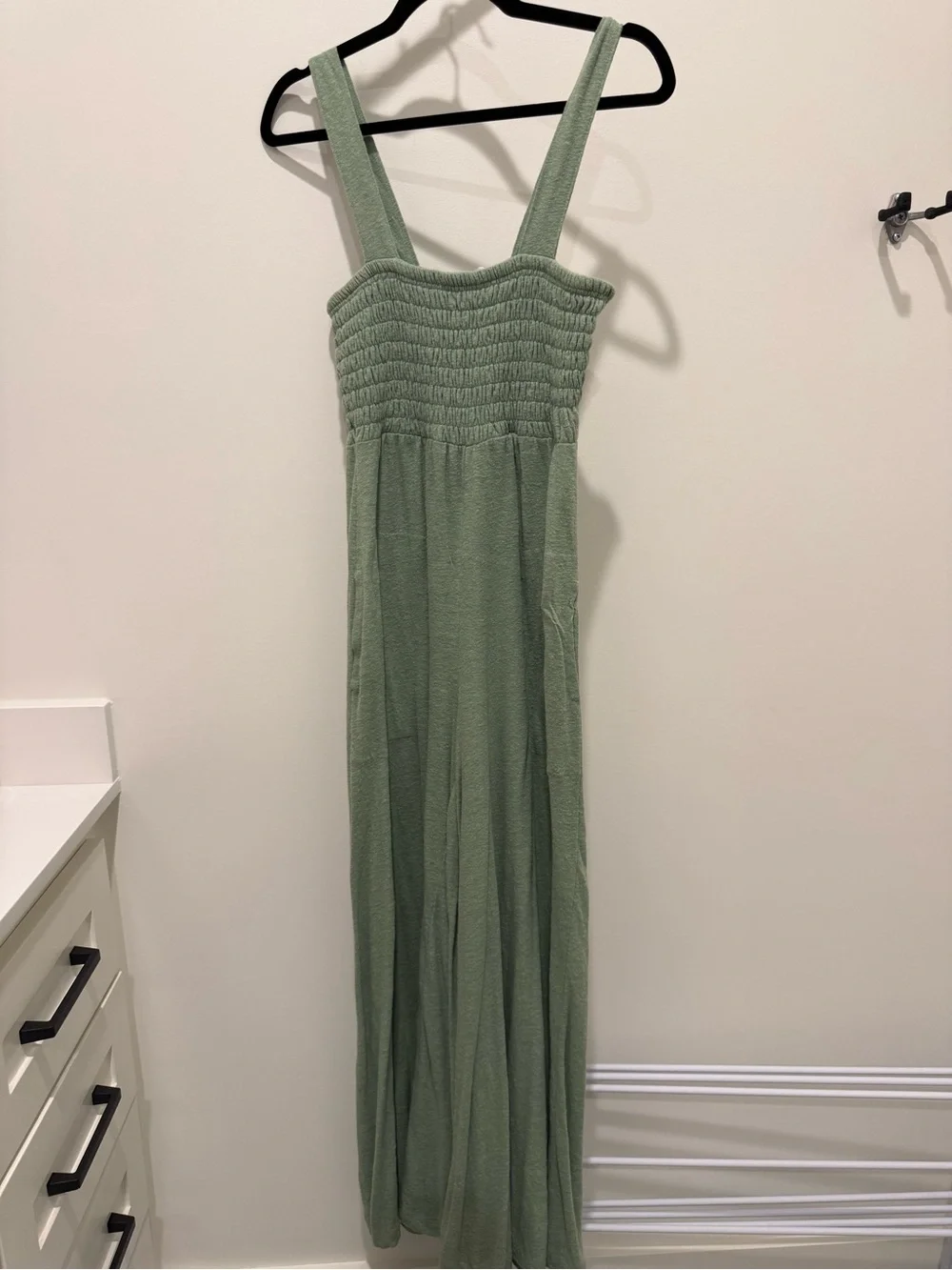 Free People Homecoming Smocked Wide-Leg Jumpsuit in Sage Green